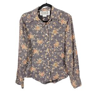 Vintage Hype Buttoned Top‎ Size Large Brown Floral USA Reverse Print Cottagecore